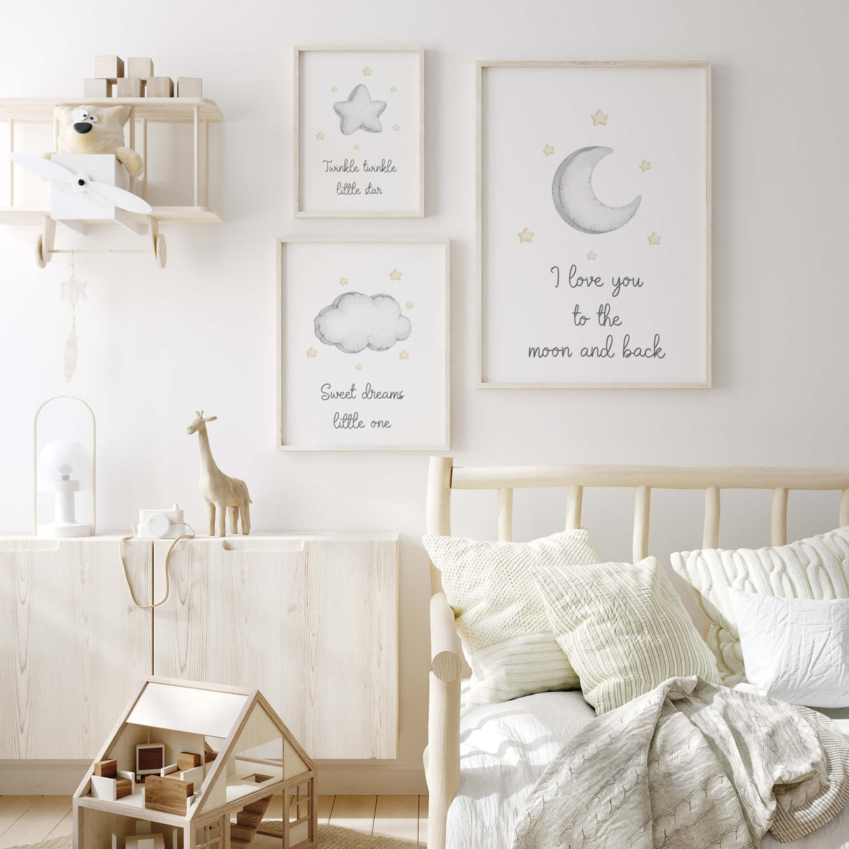 Watercolor star, moon nursery print with quote in gray and yellow colors for gender neutral nursery decor, quote: I love you to the moon and back.