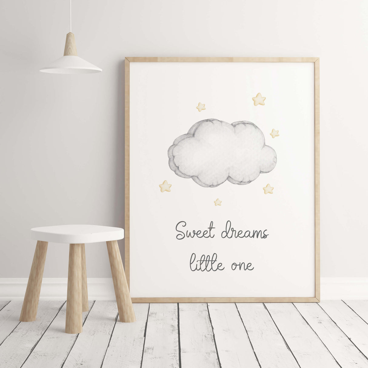 Watercolor star, cloud nursery printable with quote in gray and yellow colors for gender neutral nursery decor, quote: Sweet dreams little one.