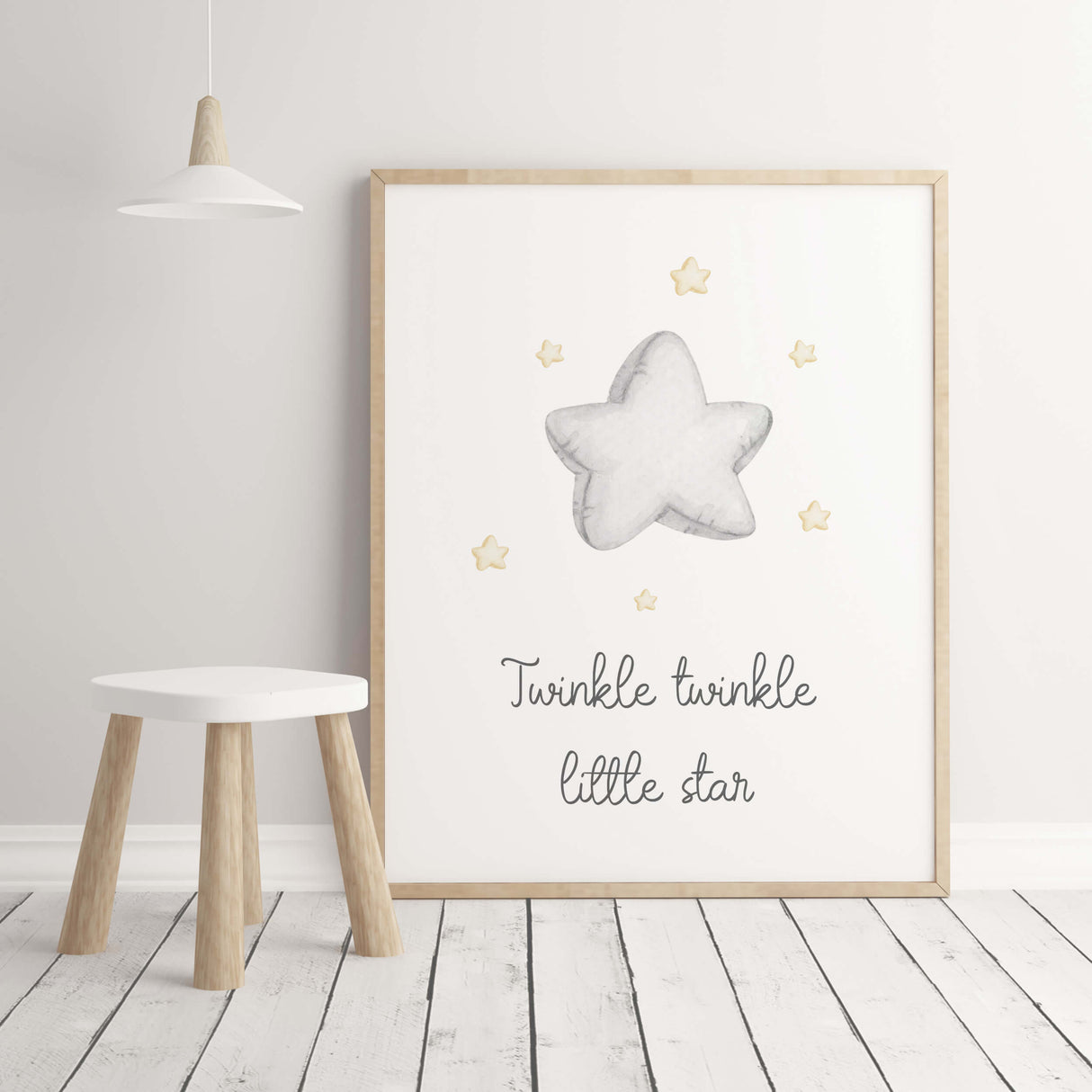 Watercolor stars nursery printable with quote in gray and yellow colors for gender neutral nursery decor, quote: Twinkle twinkle little star.