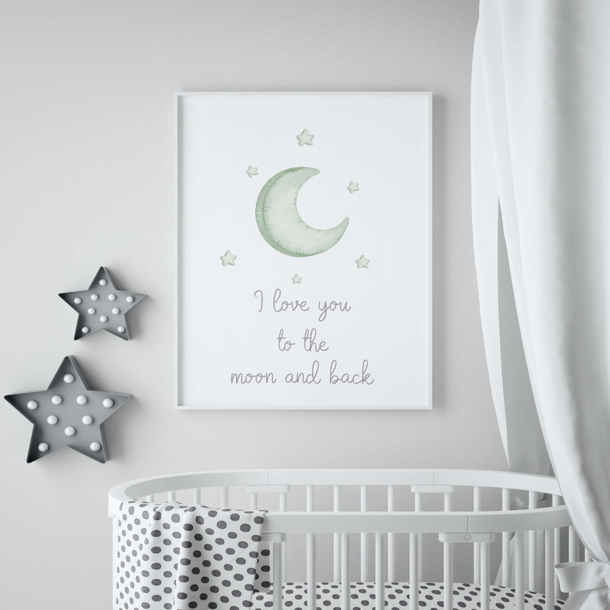 Watercolor star, moon nursery print with quote in sage green and gray colors for gender neutral nursery decor, quote: I love you to the moon and back.