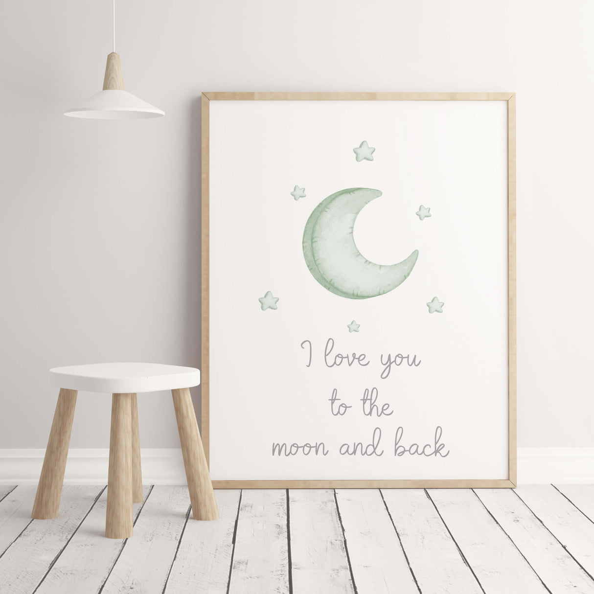 Watercolor star, moon nursery print with quote in sage green and gray colors for gender neutral nursery decor, quote: I love you to the moon and back.