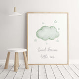 Watercolor cloud nursery print with quote in sage green and gray colors for gender neutral nursery decor, quote: Sweet dreams little one.