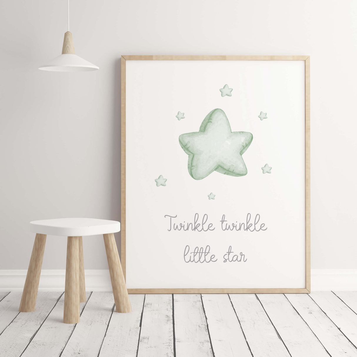 Watercolor stars nursery print with quote in sage green and gray colors for gender neutral nursery decor, quote Twinkle twinkle little star.