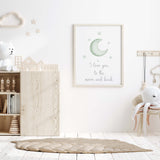 Watercolor star, moon nursery print with quote in sage green and gray colors for gender neutral nursery decor, quote: I love you to the moon and back.