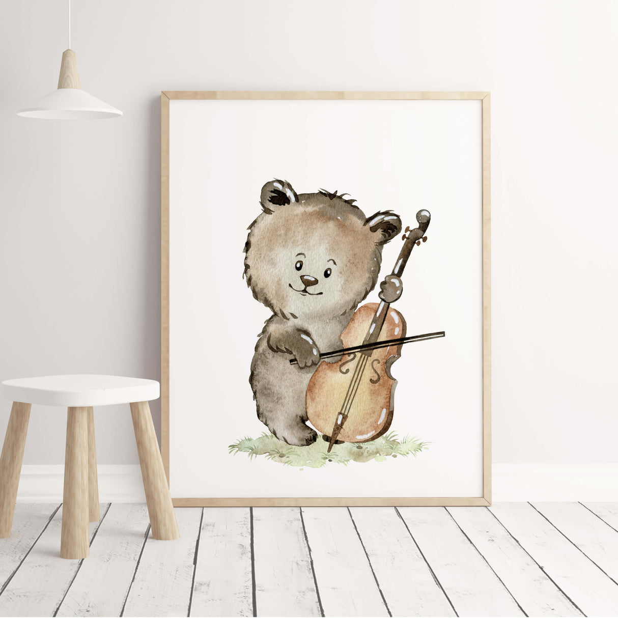 Watercolor bear with cello print for nursery decor.