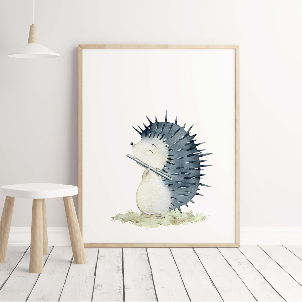 Watercolor hedgehog with flute for nursery decor.