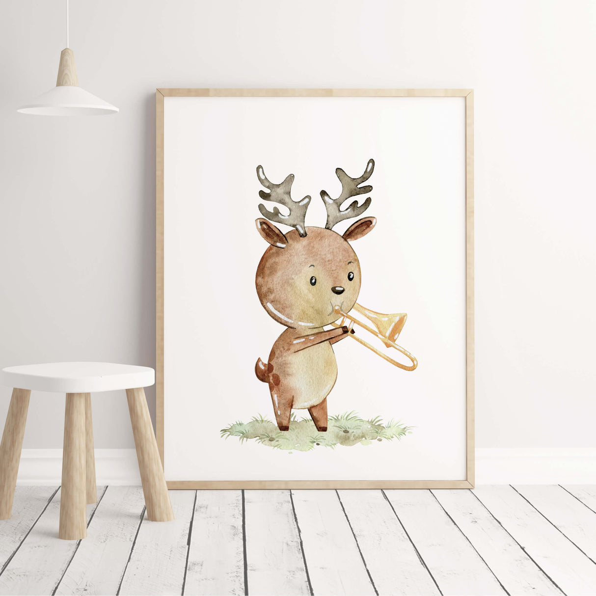 Watercolor deer with trumpet print for nursery deocor and kids room decor.