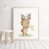 Watercolor deer with trumpet print for nursery deocor and kids room decor.