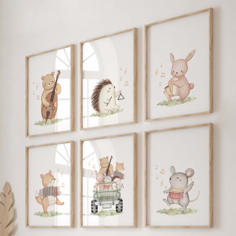 Set of 6 woodland animal with instrument print for nursery decor and kids room decor.