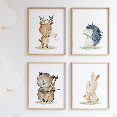 Set of 4 woodland animal with instrument poster for music theme nursery decor