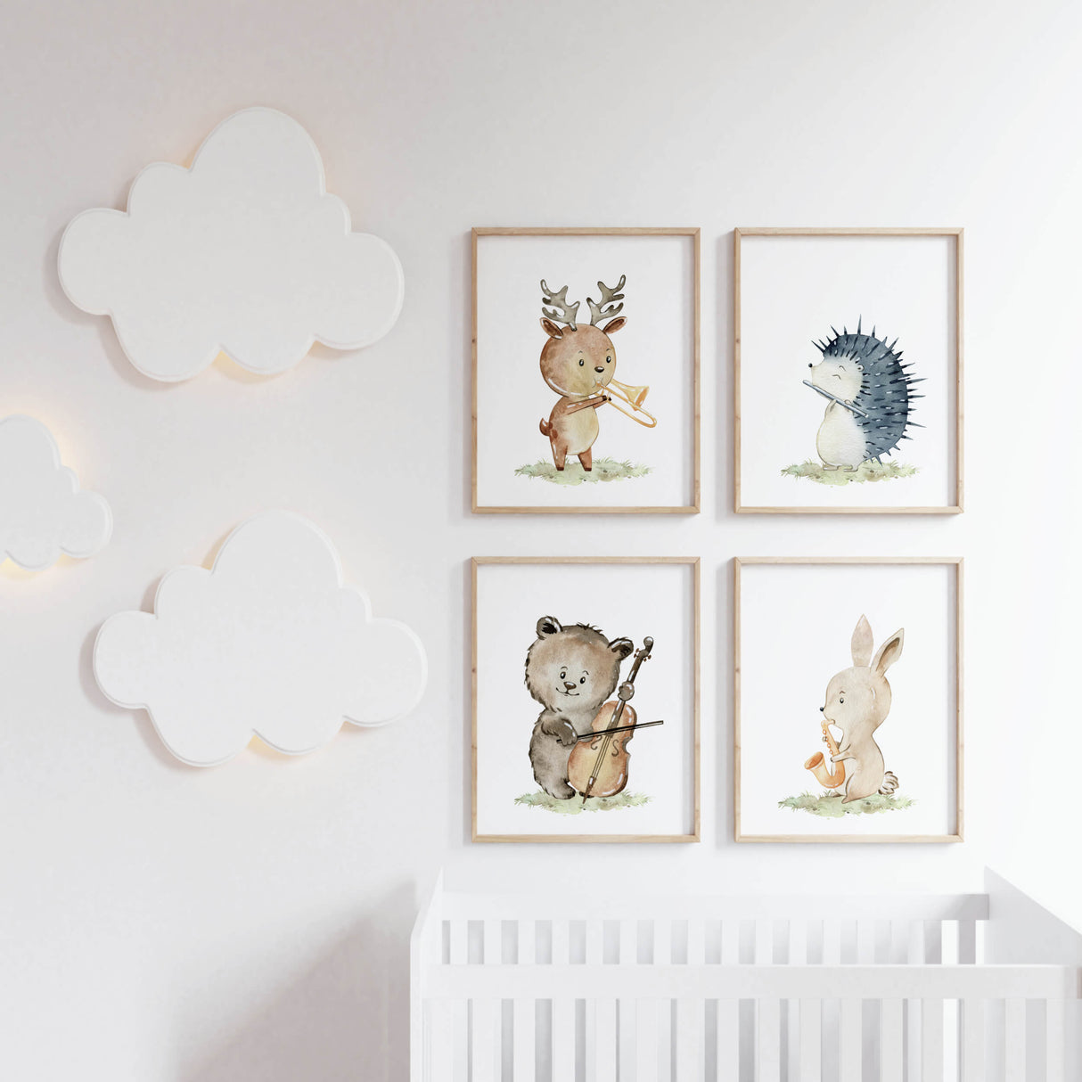 Watercolor music woodland animals printable for nursery and kids room decor.