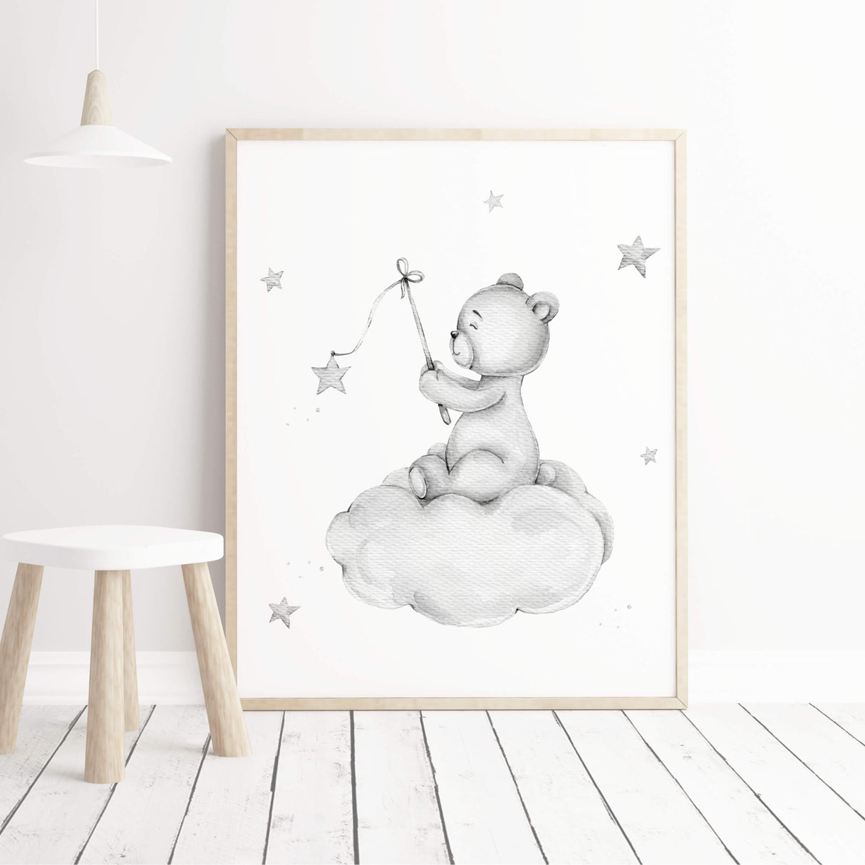 Watercolor teddy bear on the cloud print in gray color for gender neutral nursery decor.