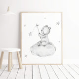 Watercolor teddy bear on the cloud print in gray color for gender neutral nursery decor.