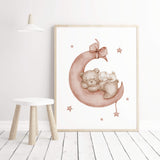 Watercolor teddy bear with bunny on the moon print in terracotta, burgundy and brown color for gender neutral nursery decor, toddler room decor, baby girls nursery decor, boho nursery decor.