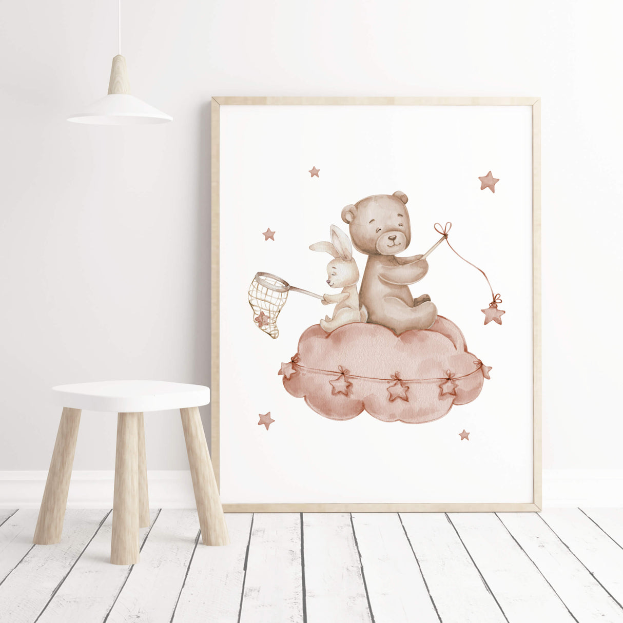 Watercolor teddy bear with bunny on the cloud print in terracotta, burgundy and brown color for gender neutral nursery decor, toddler room decor, baby girls nursery decor, boho nursery decor.