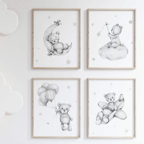 Watercolor teddy bear print in gray color for neutral nursery decor.