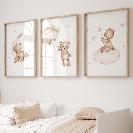 Set of 3 beige teddy bear prints