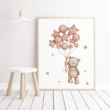 Watercolor teddy bear with balloon print in terracotta, burgundy and brown color for gender neutral nursery decor, toddler room decor, baby girls nursery decor, boho nursery decor.