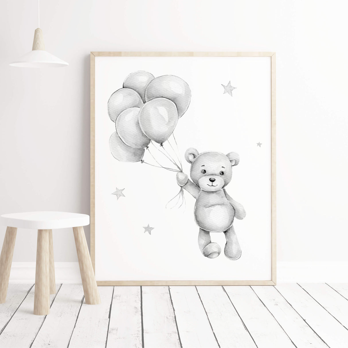 Watercolor teddy bear with balloon print in gray color for gender neutral nursery decor.