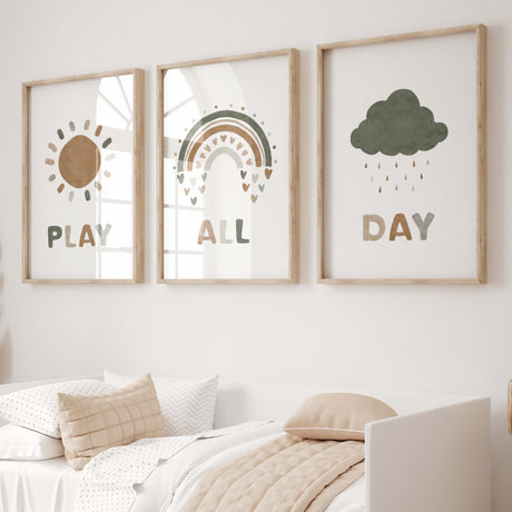 Set of 3 watercolor play all day print with rainbow, sunshine, cloud for gender neutral  nursery decor and kids decor in earth tones colors.