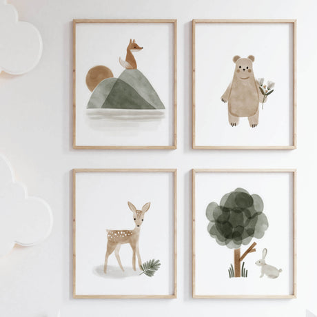 Set of 4 watercolor boho woodland print for neutral nursery decor