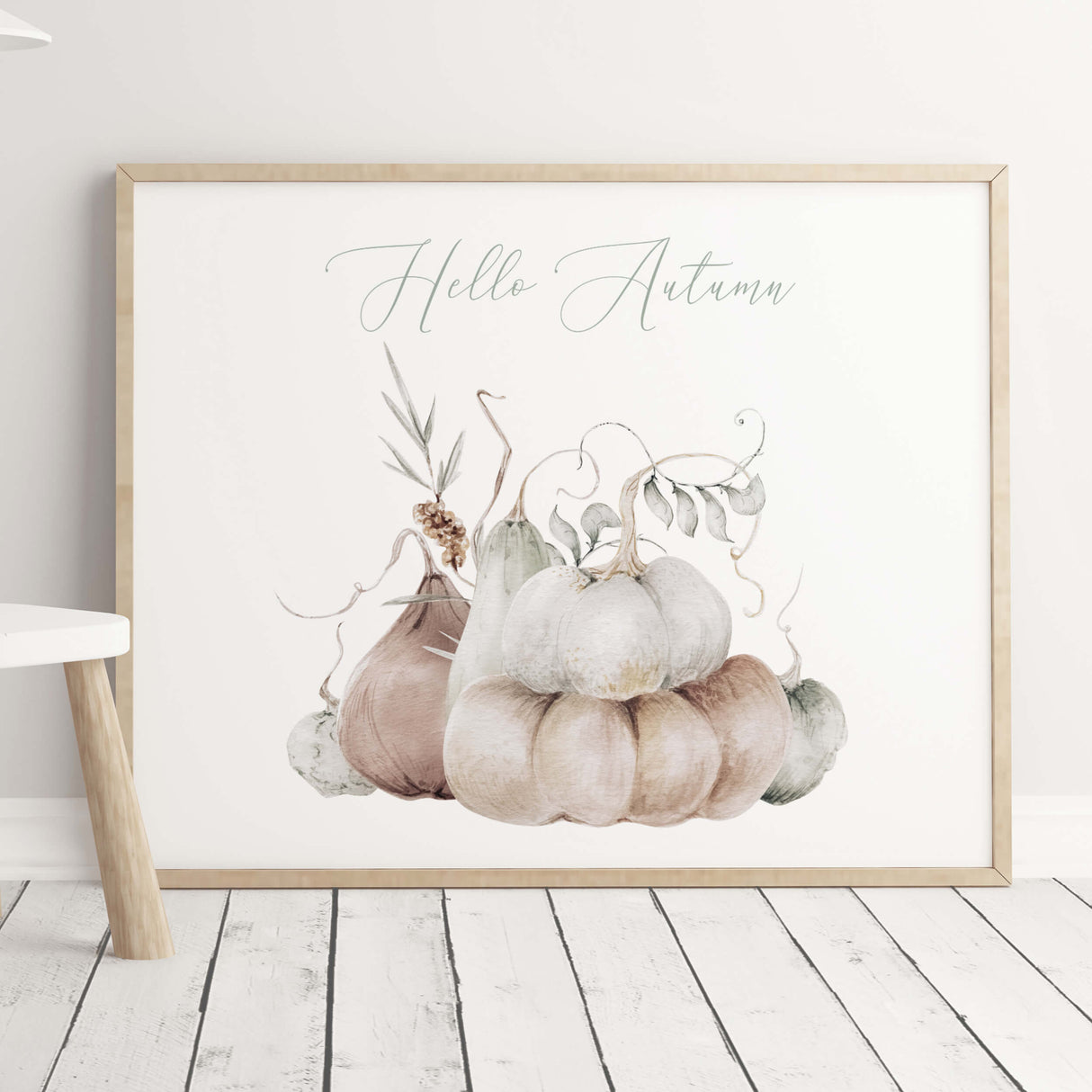 Sage green hello autumn printable with beige and white pumpkin for neutral fall home decor.