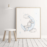 Watercolor bunny print with balloon, moon, cloud, stars in gray and blue colors for baby boys room decor, toddler room decor, gray blue nursery decor.