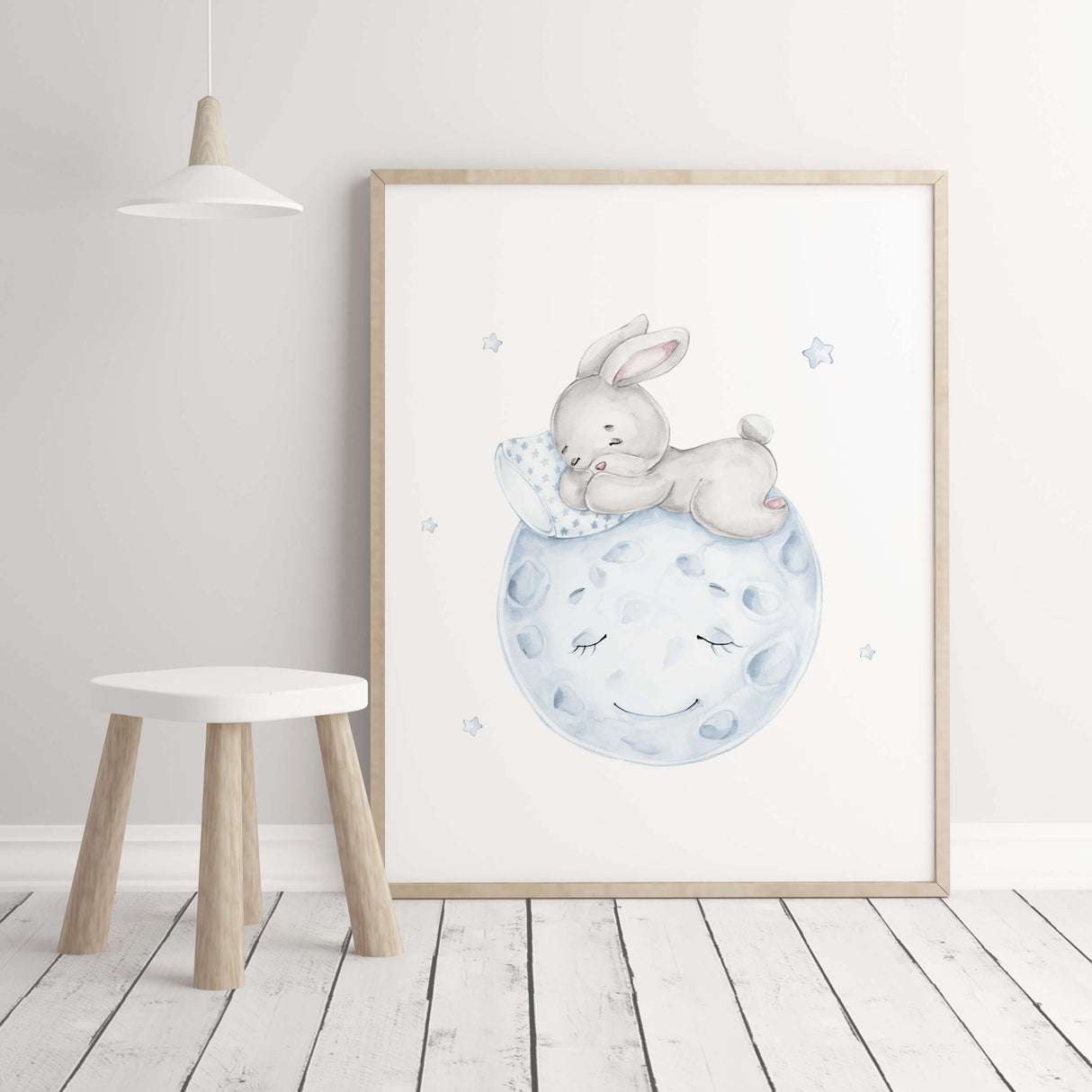 Watercolor bunny print with balloon, moon, cloud, stars in gray and blue colors for baby boys room decor, toddler room decor, gray blue nursery decor.