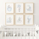 Watercolor bunny print with balloon, moon, cloud, stars in gray and blue colors for baby boys room decor, toddler room decor, gray blue nursery decor.