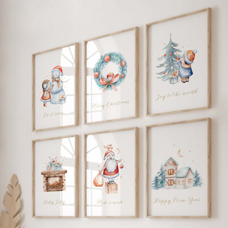 Set of 6 watercolor christmas nursery print with quote for christmas and winter nursery wall decor, includes quote: Let it snow, Merry Christmas, Joy to the world, Holly Jolly, Make a wish, Happy New Year.