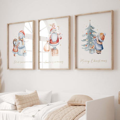 Set of 3 watercolor winter nursery print with snowman, Santa Claus, Christmas tree for gender neutral christmas nursery decor.