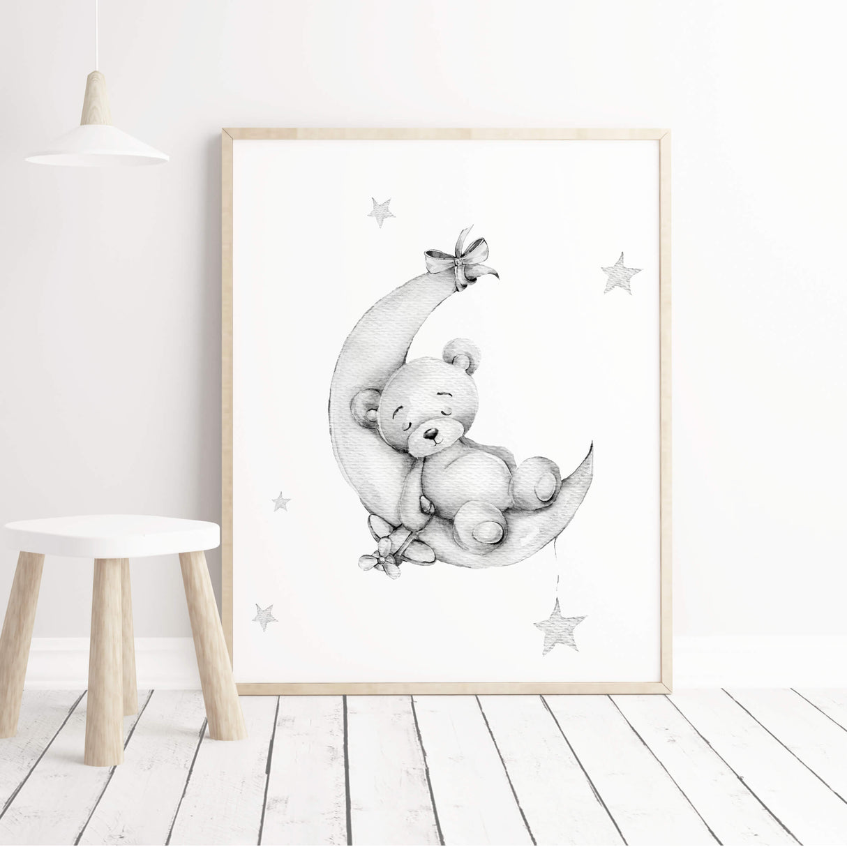 Watercolor teddy bear on the moon print in gray color for gender neutral nursery decor.