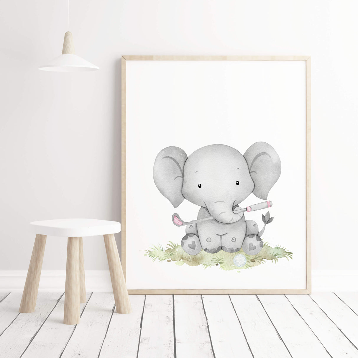 Watercolor golf nursery print with elephant in pink, brown, gray colors for baby girls room decor, golf nursery decor, sport nursery decor.