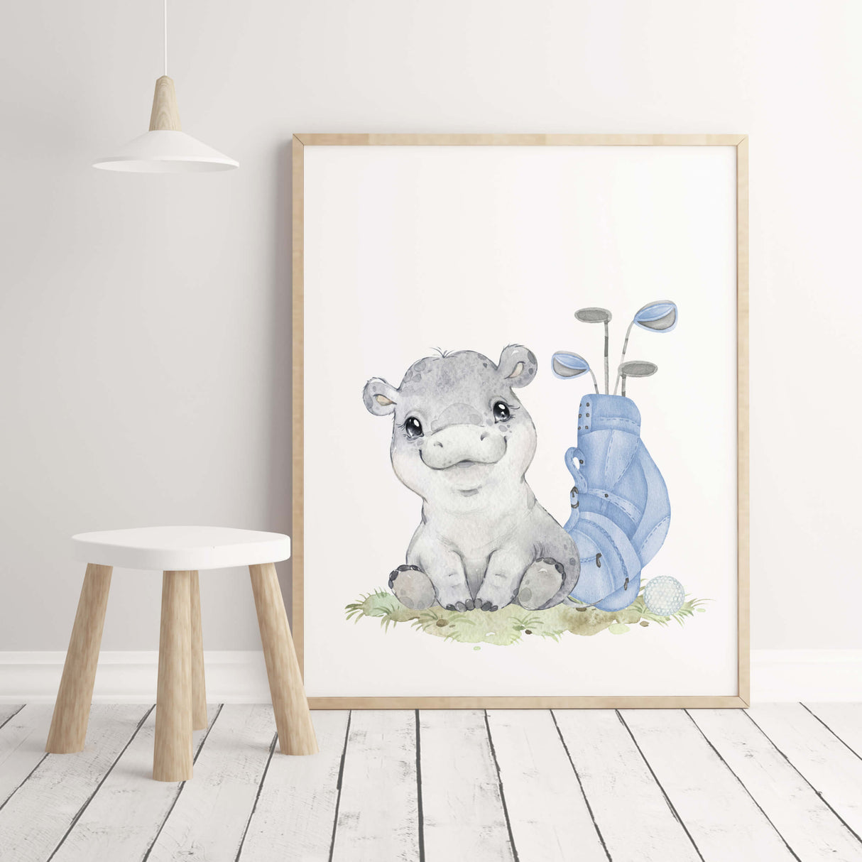 Watercolor golf nursery printable with hippo in light blue, brown, gray colors for toddler room decor and boys room decor, sport nursery decor, golf nursery decor.