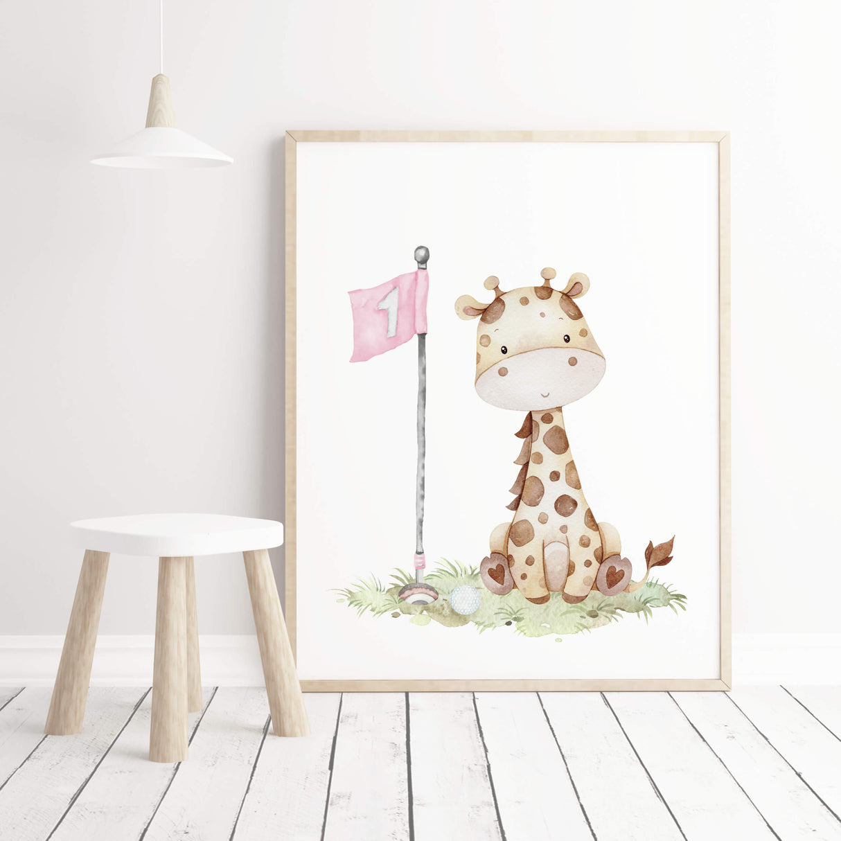 Watercolor golf nursery print with giraffe in pink, brown, gray colors for baby girls room decor, golf nursery decor, sport nursery decor.