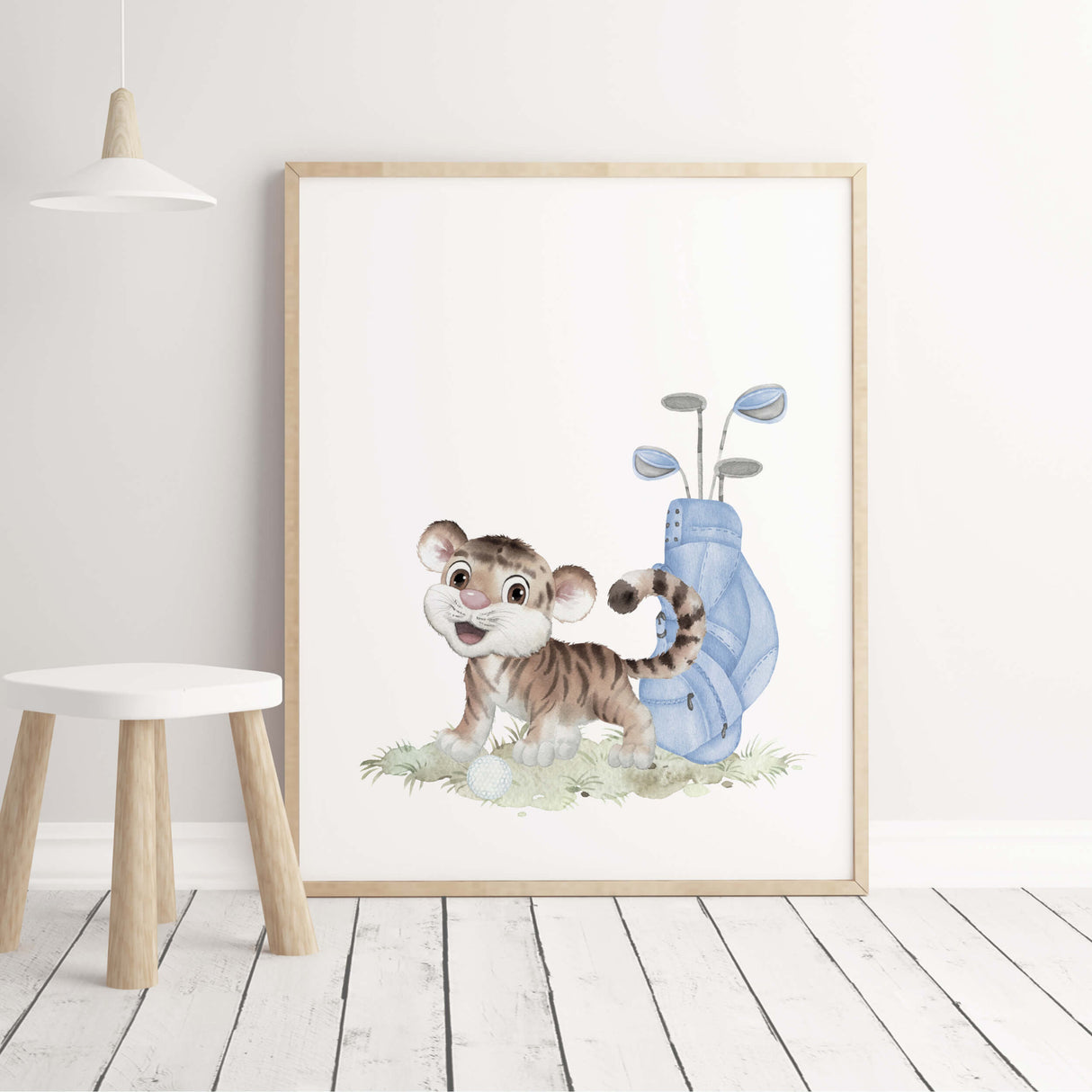 Watercolor golf print with tiger in blue color for boys room decor and toddler room decor.