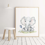 Watercolor golf nursery printable with safari animals: elephant, hippo,  elephant in light blue, brown, gray colors for toddler room decor and boys room decor, sport nursery decor, golf nursery decor.