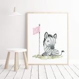 Watercolor safari animals with golf nursery printable with zebra in gray, brown and pink colors for baby girls room decor and kids room decor.