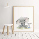 Watercolor safari animals golf nursery printable with elephant and blue golf accessories for baby boys room decor, toddler room decor.