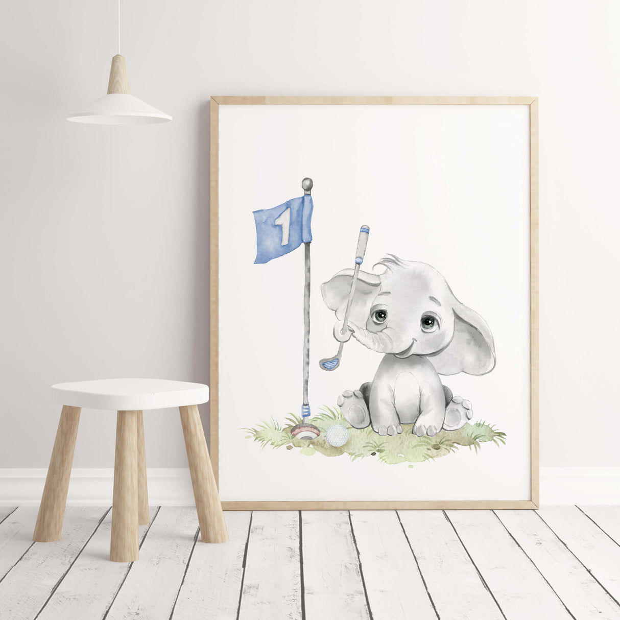 Watercolor golf nursery print with elephant with brown, gray, blue colors for baby boys room decor, toddler room decor.