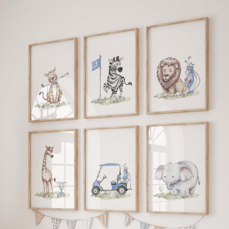 Watercolor golf safari print with leopard, zebra, lion, giraffe, elephant in blue, gray, brown colors for baby boys room decor and toddler room decor.