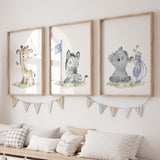 Watercolor safari animals golf nursery print with zebra, giraffe, rhino and blue golf accessories for baby boys room decor, toddler room decor.