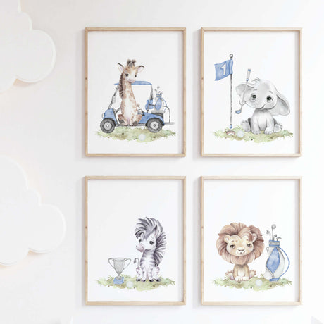 Watercolor golf nursery print with safari animals with brown, gray, blue colors for baby boys room decor, toddler room decor, includes: giraffe, elephant, zebra, lion