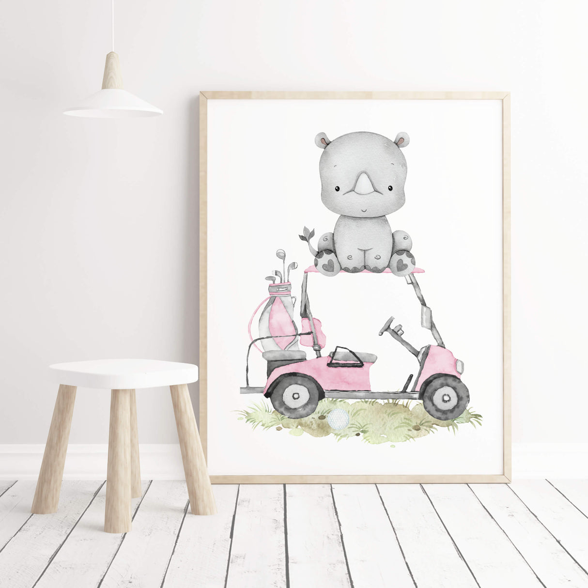 Watercolor golf nursery print with rhino in pink, brown, gray colors for baby girls room decor, golf nursery decor, sport nursery decor.