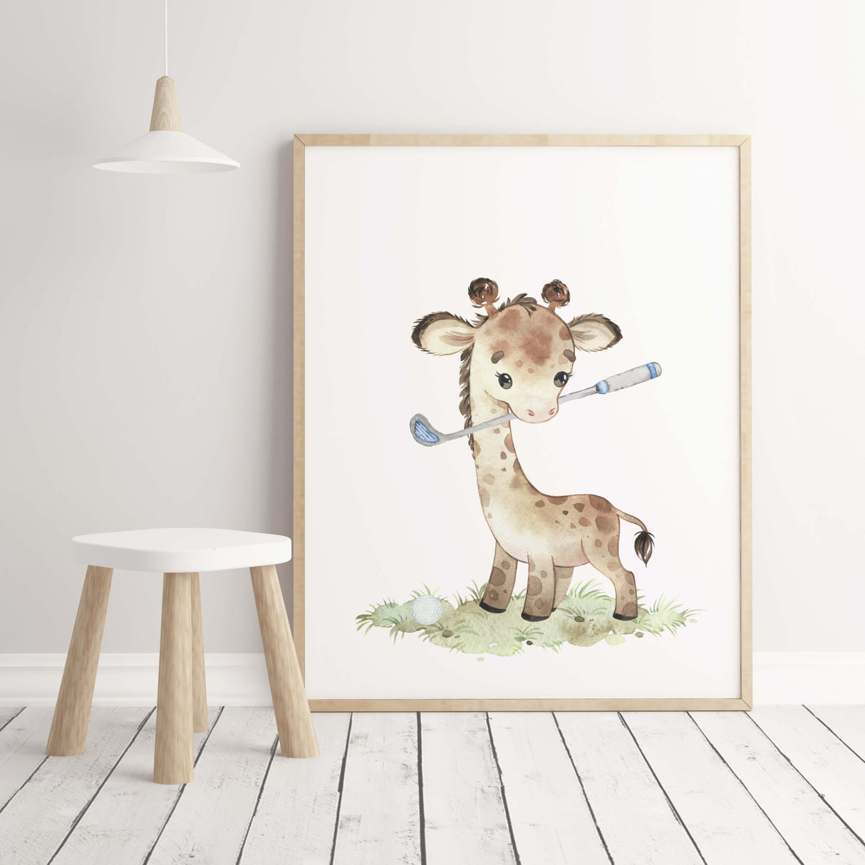 Watercolor safari animals golf nursery printable with giraffe and blue golf accessories for baby boys room decor, toddler room decor.