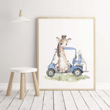 Watercolor golf nursery print with giraffe with brown, gray, blue colors for baby boys room decor, toddler room decor.