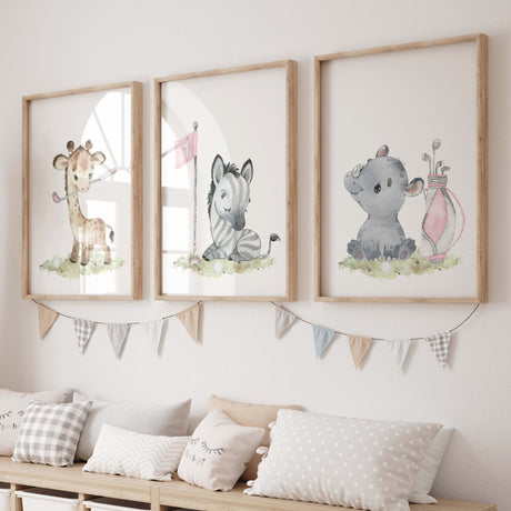 Watercolor safari animals with golf nursery printable with giraffe, zebra, rhino and pink golf accessories for baby girls room decor.