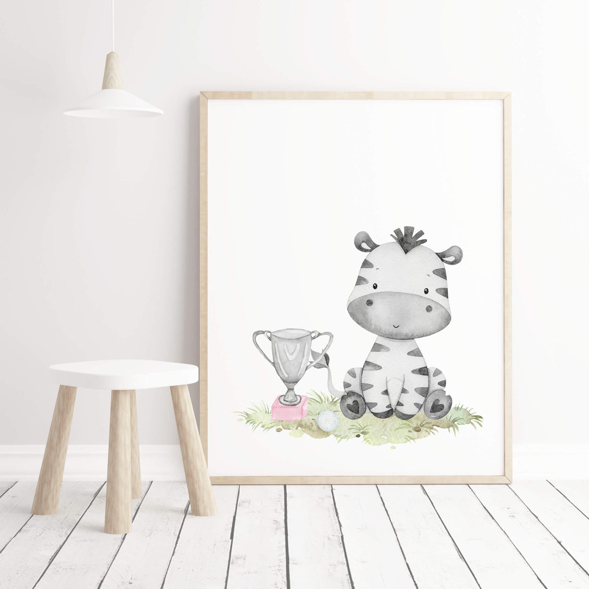 Watercolor golf nursery print with zebra in pink, brown, gray colors for baby girls room decor, golf nursery decor, sport nursery decor.