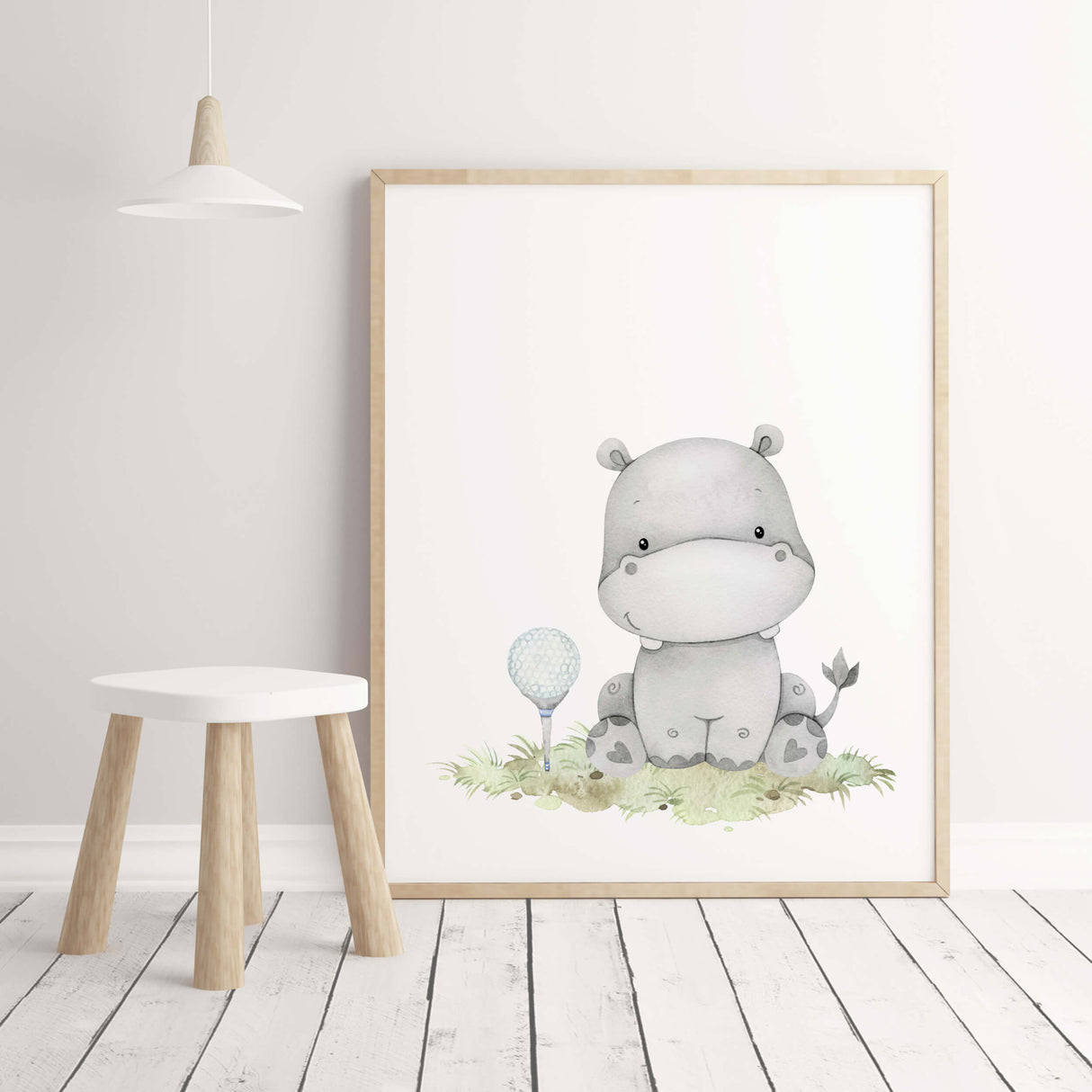 Watercolor golf nursery print with hippo in blue, gray, brown colors for boyrs room decor and toddler room decor, golf nursery decor, sport nursery decor.