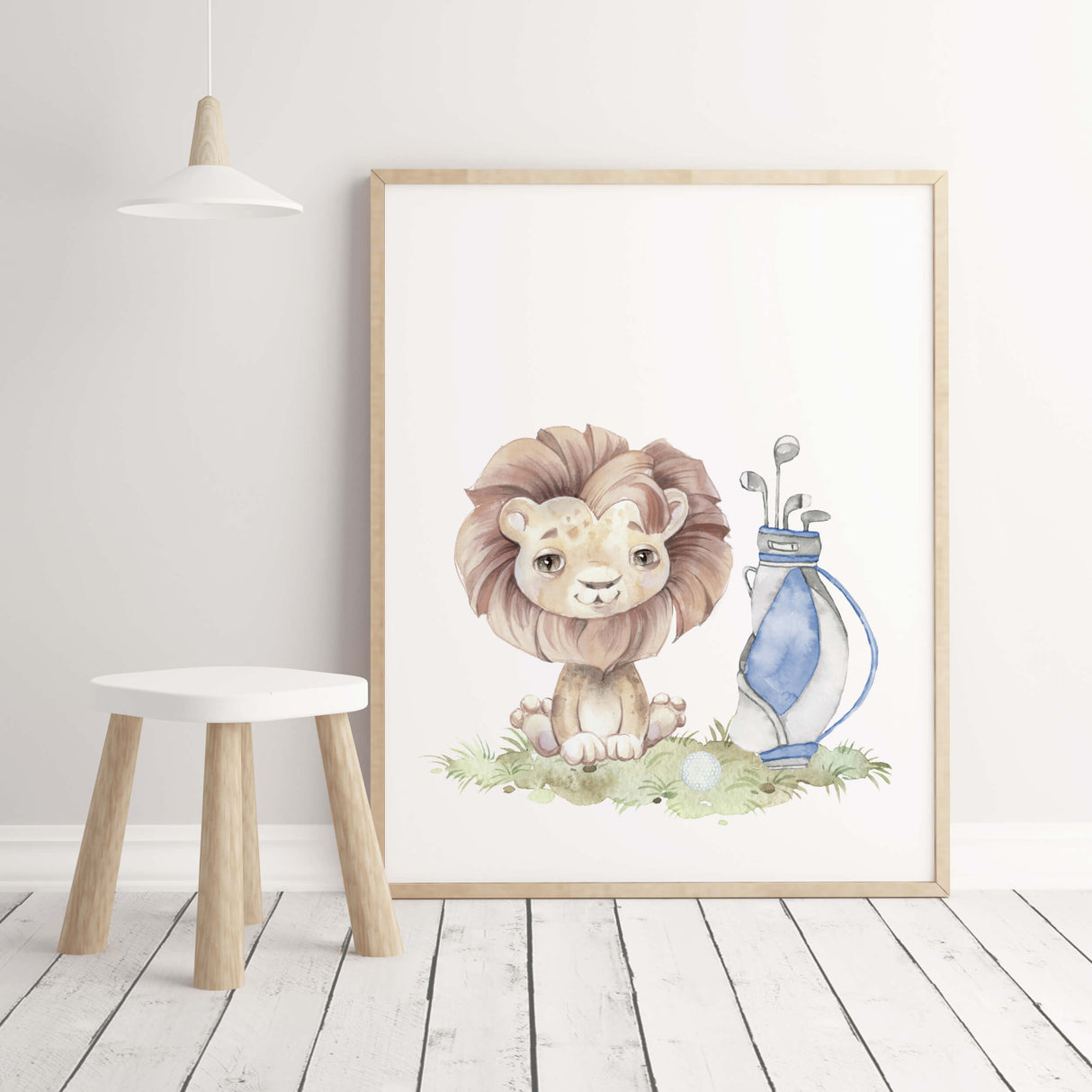 Watercolor golf nursery print with lion with brown, gray, blue colors for baby boys room decor, toddler room decor.